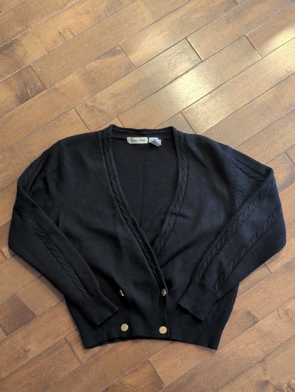 Vintage Gian Nino Women's Black V-Neck Wool Cardigan with Gold Buttons